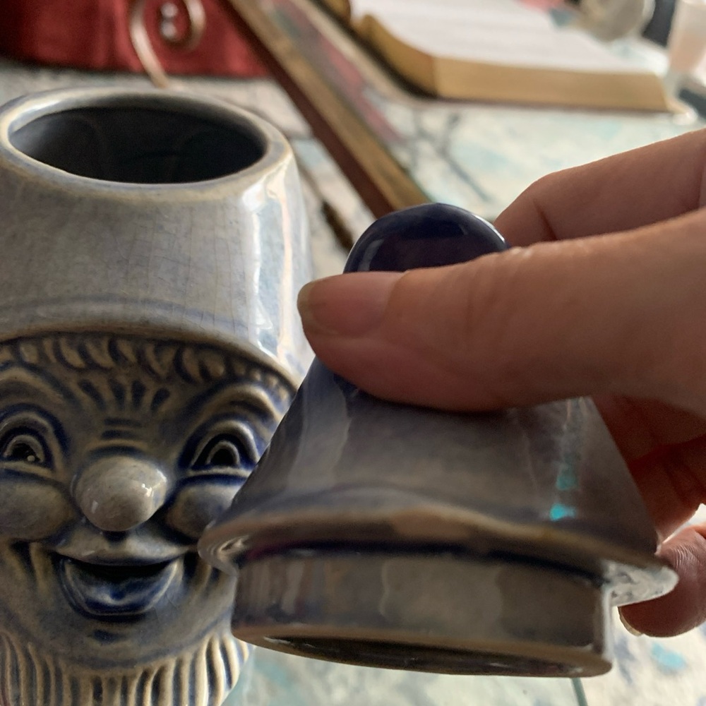 West Germany Blue Gnome Head Smiling Happy Figurine With Lid Kitchen Sugar Candy - Picture 8 of 12